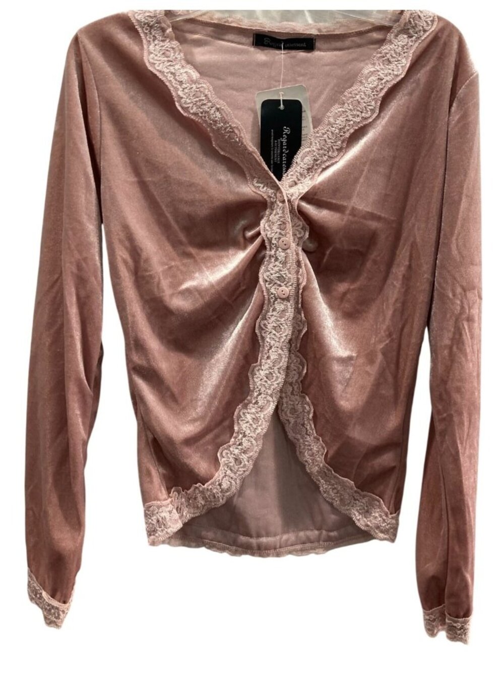 Regard Caressant Lace Velvet Top M Pink Button Front Coquette Romantic Fairycore
